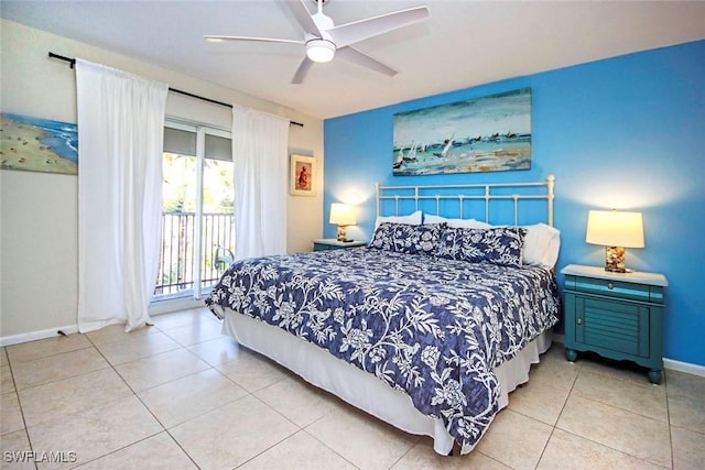 bedroom with baseboards, light tile patterned flooring, a ceiling fan, and access to exterior