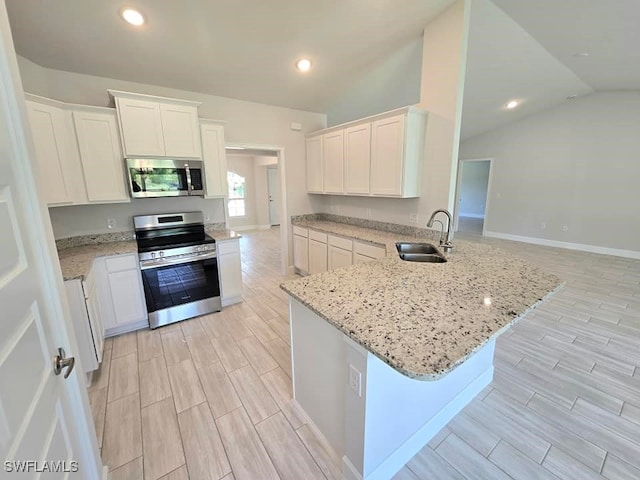 kitchen with a sink, a peninsula, wood finish floors, and stainless steel appliances