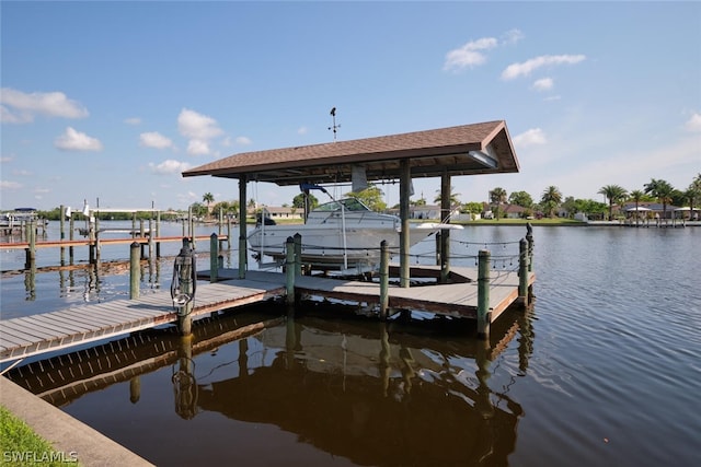 view of dock with a water view