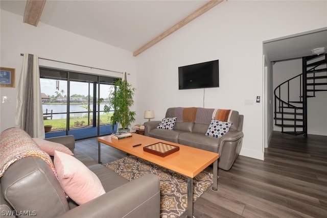 living room with a water view, vaulted ceiling with beams, and hardwood / wood-style floors