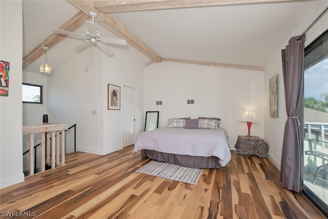 bedroom featuring lofted ceiling with beams, ceiling fan, hardwood / wood-style floors, and access to exterior