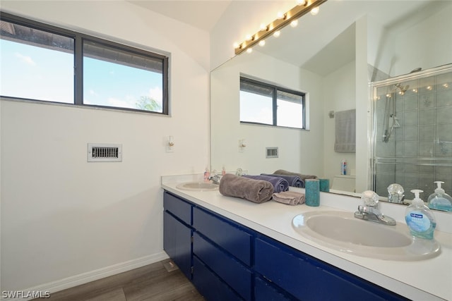 bathroom featuring double vanity, a healthy amount of sunlight, and a shower with door