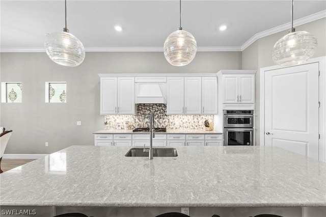 kitchen with appliances with stainless steel finishes, tasteful backsplash, custom exhaust hood, sink, and white cabinets