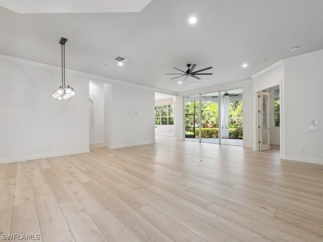 unfurnished living room featuring ceiling fan, light hardwood / wood-style flooring, and crown molding