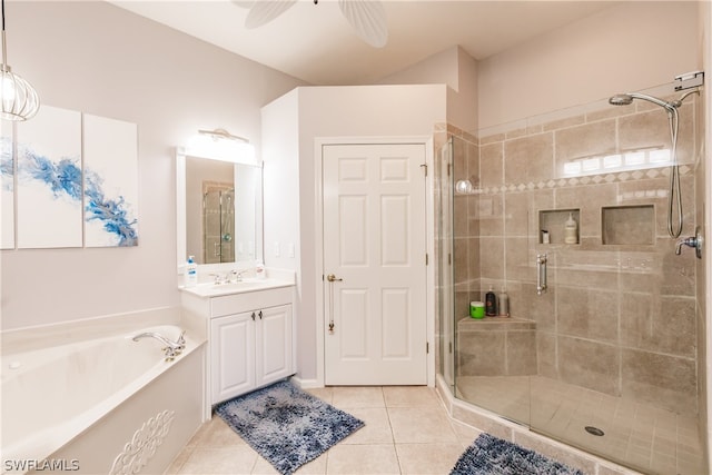 bathroom featuring independent shower and bath, vanity, ceiling fan, and tile floors