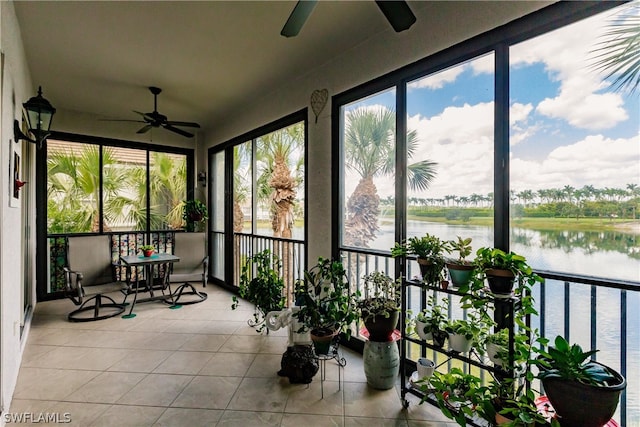 sunroom featuring a healthy amount of sunlight, a water view, and ceiling fan