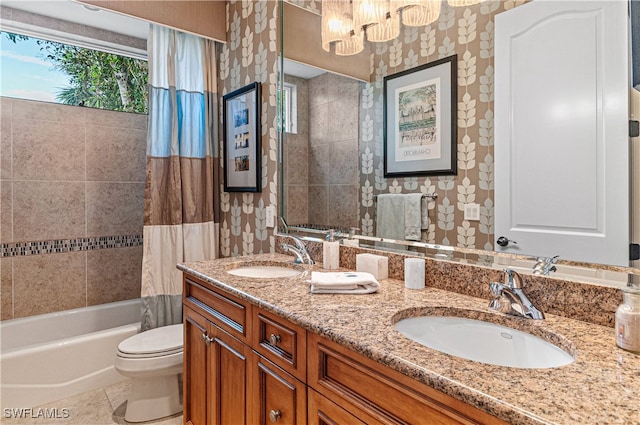 full bathroom featuring tile patterned flooring, vanity, shower / bath combination with curtain, and toilet