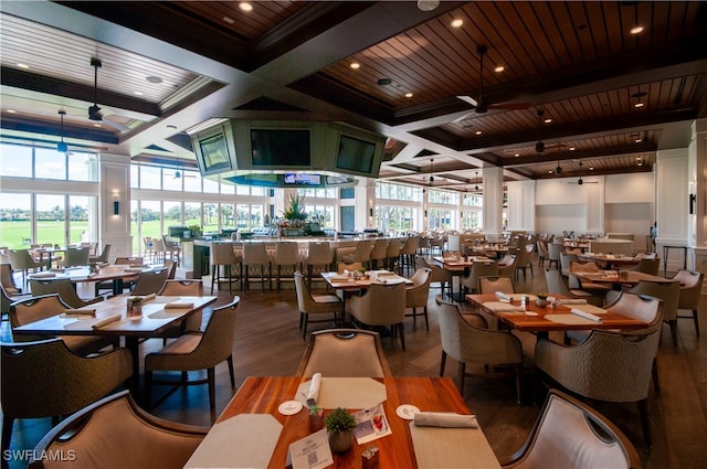 dining space with beam ceiling, hardwood / wood-style floors, wood ceiling, and coffered ceiling