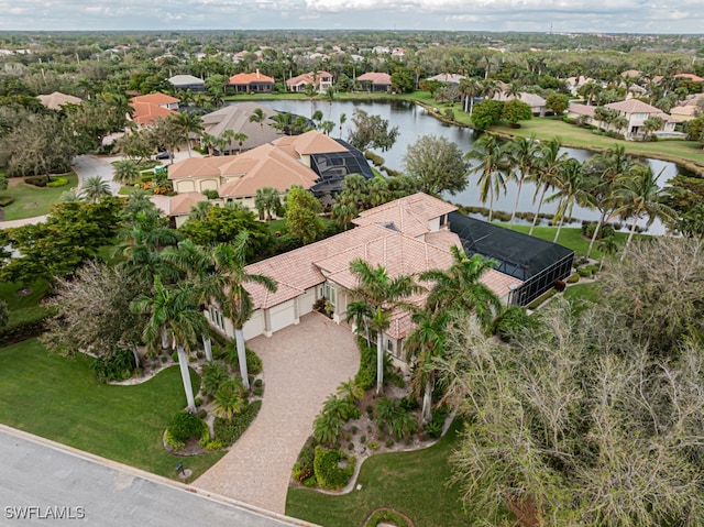 drone / aerial view featuring a water view