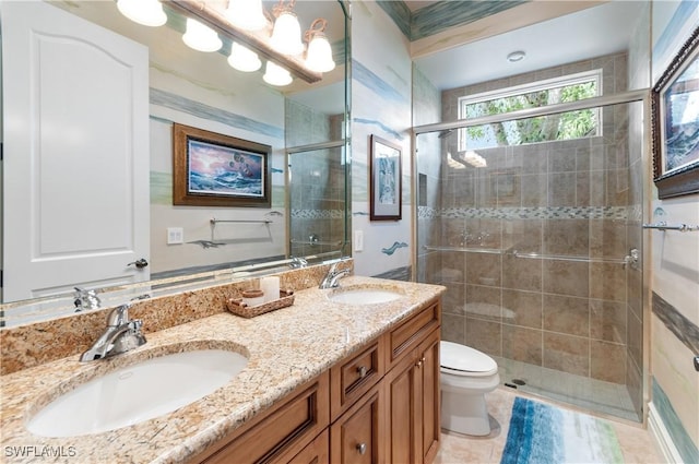 bathroom with vanity, toilet, and walk in shower