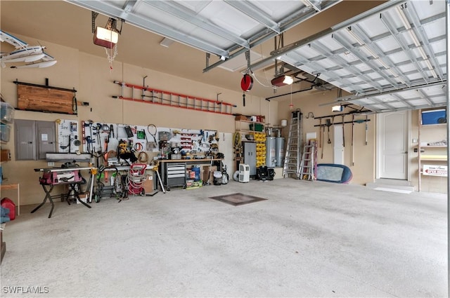 garage with a garage door opener, a workshop area, and water heater