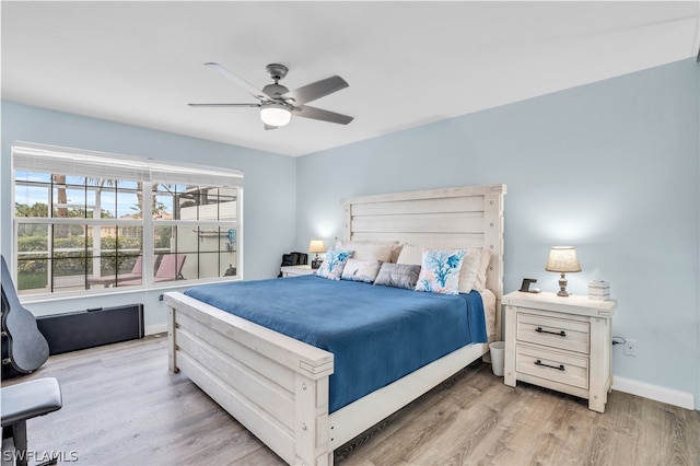 bedroom featuring light hardwood / wood-style flooring and ceiling fan