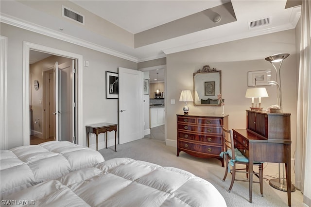 bedroom with light colored carpet, crown molding, and a raised ceiling