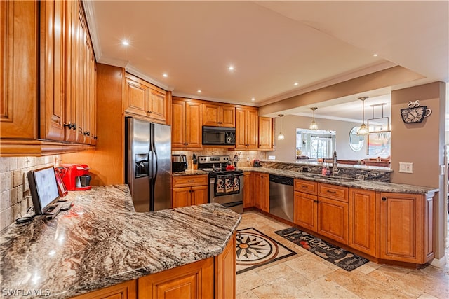 kitchen with tasteful backsplash, stainless steel appliances, kitchen peninsula, hanging light fixtures, and light tile patterned floors