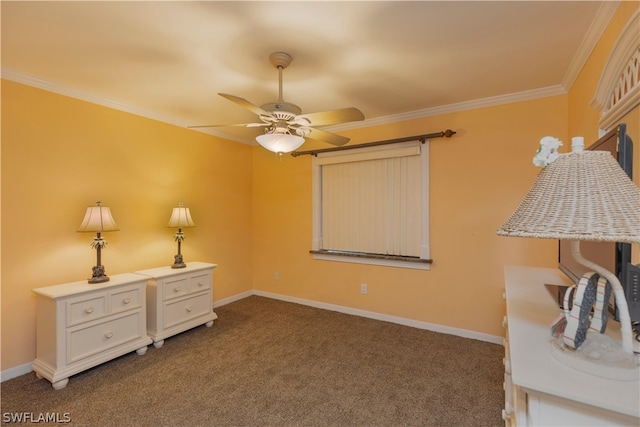 carpeted bedroom featuring ornamental molding and ceiling fan