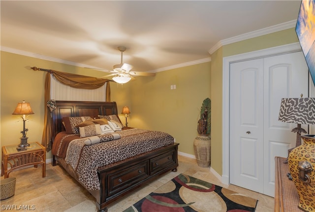 bedroom featuring crown molding, ceiling fan, light tile patterned floors, and a closet