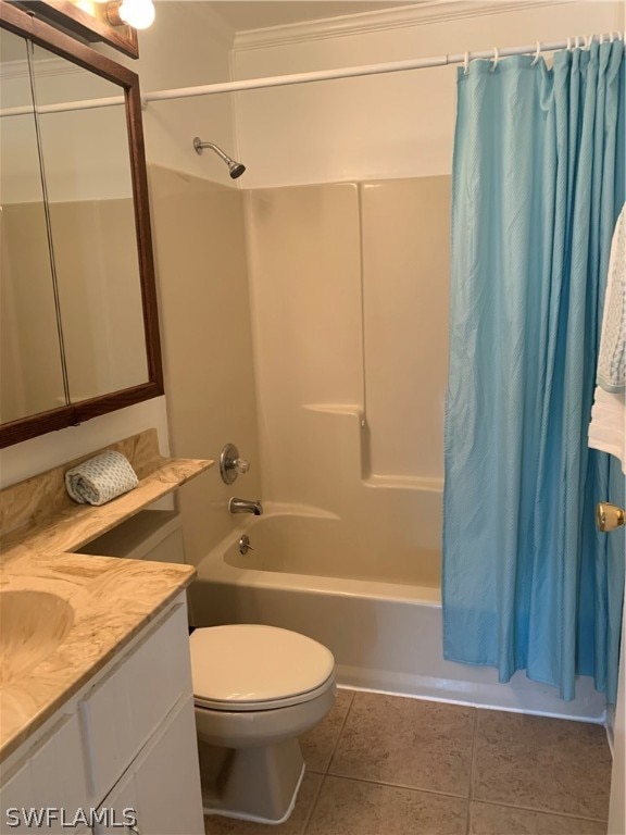 full bathroom featuring shower / bathtub combination with curtain, tile flooring, vanity, and toilet