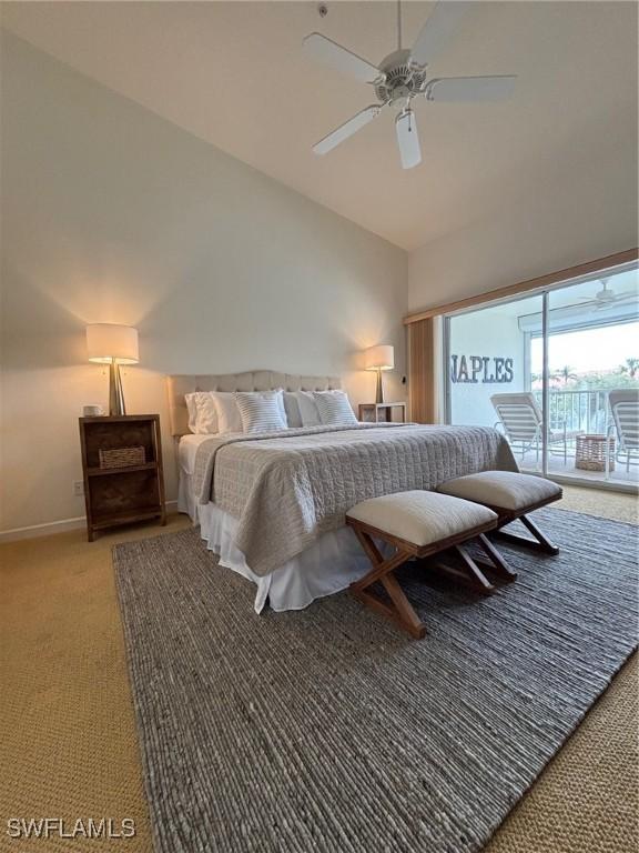 bedroom with access to exterior, carpet floors, high vaulted ceiling, and ceiling fan