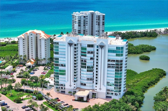 bird's eye view with a water view