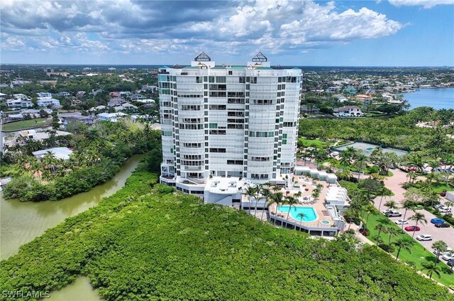 aerial view featuring a water view