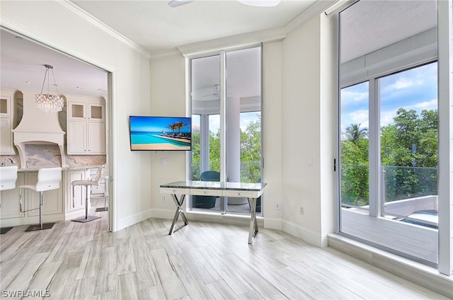 interior space featuring light hardwood / wood-style floors, ornamental molding, and a wealth of natural light