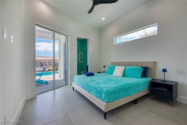 bedroom with tile flooring, ceiling fan, access to exterior, and multiple windows