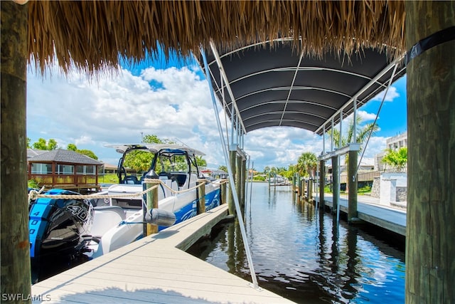 view of dock with a water view