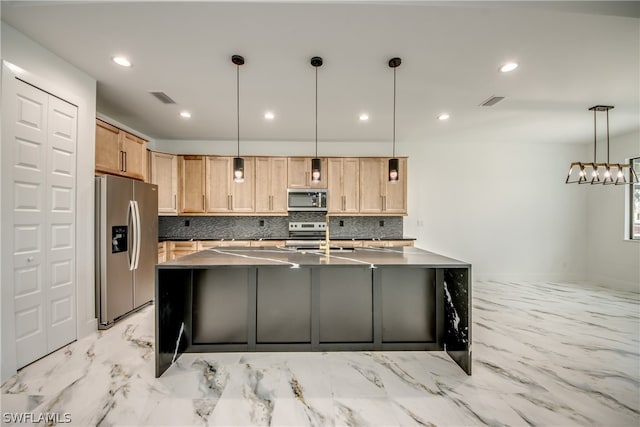 kitchen featuring appliances with stainless steel finishes, a center island with sink, backsplash, decorative light fixtures, and light tile patterned flooring