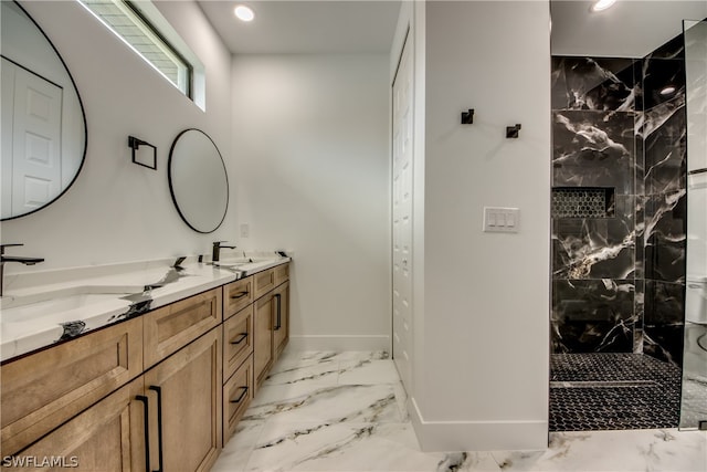 bathroom with tile patterned floors and double sink vanity