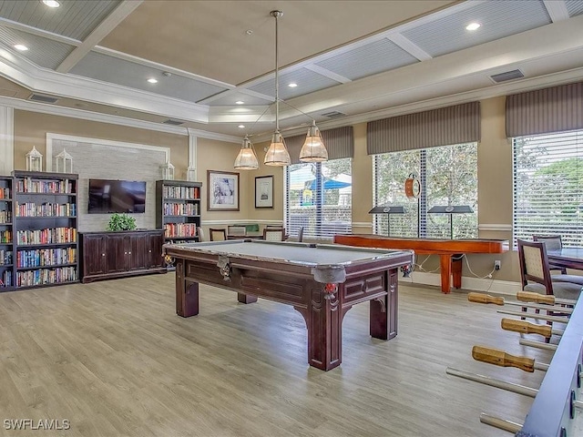 rec room with coffered ceiling, light hardwood / wood-style floors, and a healthy amount of sunlight