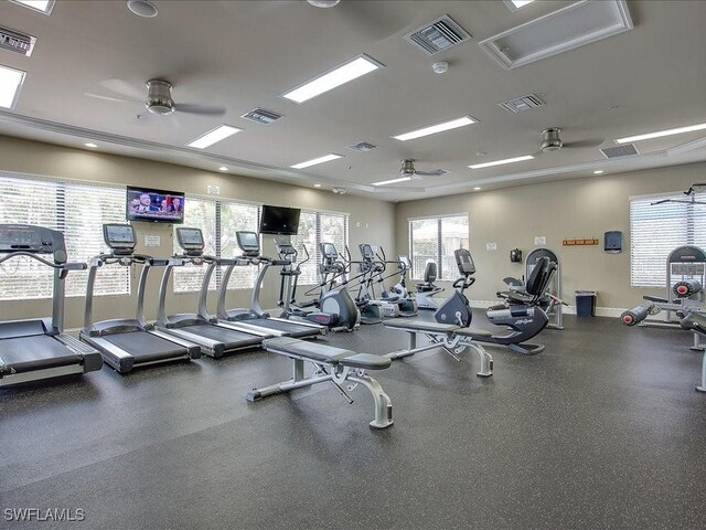 gym featuring ceiling fan