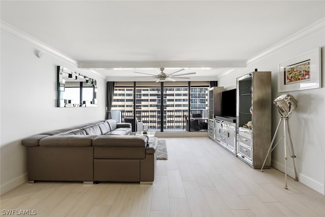 living room featuring beamed ceiling, ceiling fan, ornamental molding, and light hardwood / wood-style flooring