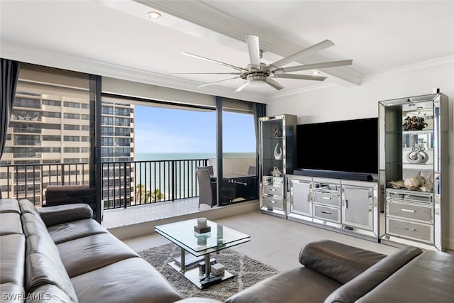 living room featuring crown molding, ceiling fan, beam ceiling, and a wall of windows