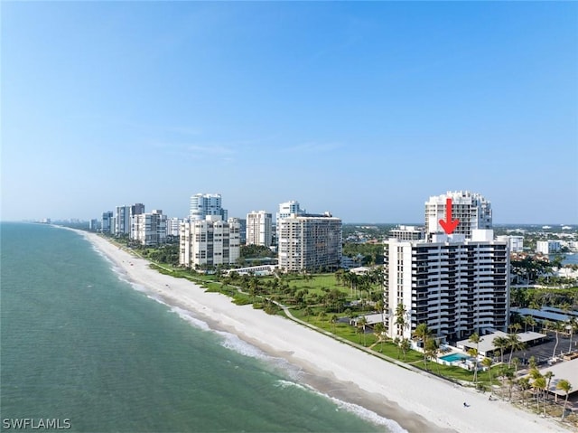 bird's eye view with a water view and a beach view