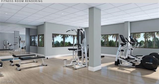 workout area with hardwood / wood-style flooring and a paneled ceiling