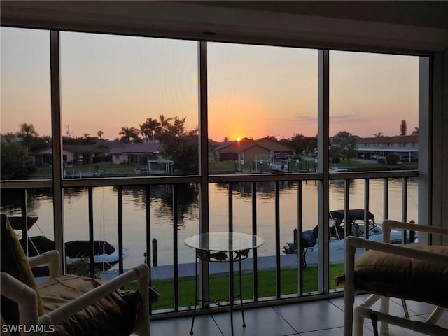 interior space with a water view