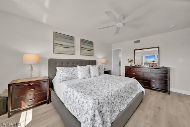 bedroom with light wood-type flooring, visible vents, ceiling fan, and baseboards