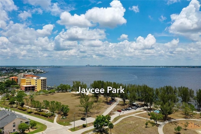 drone / aerial view with a water view