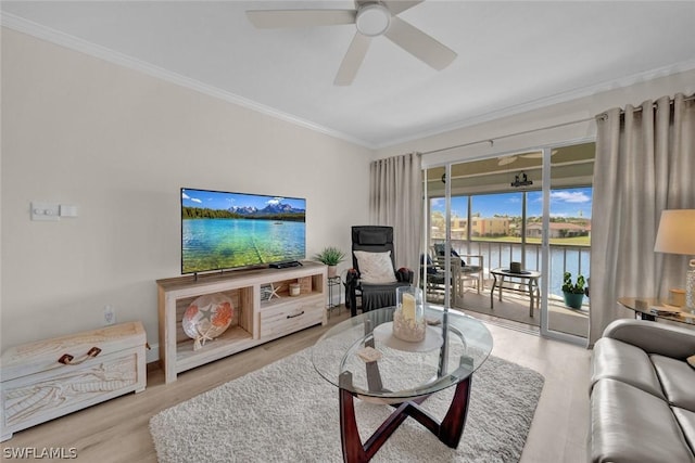 living area featuring ceiling fan, ornamental molding, and wood finished floors