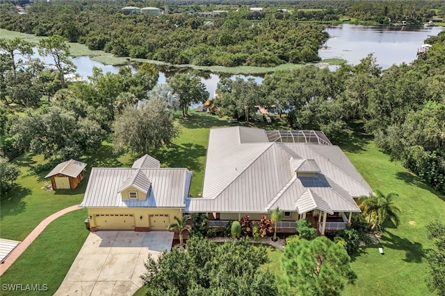 drone / aerial view featuring a water view