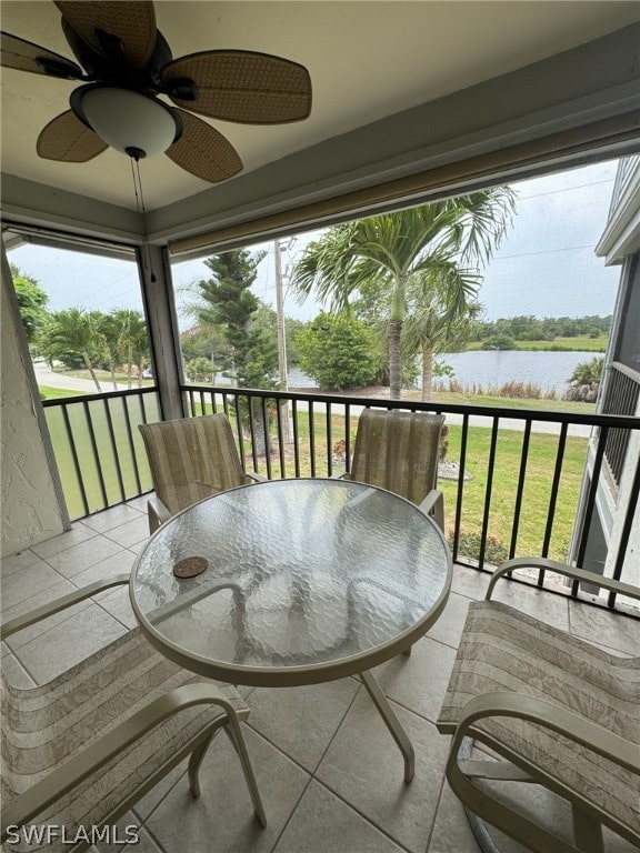 exterior space with ceiling fan and a water view