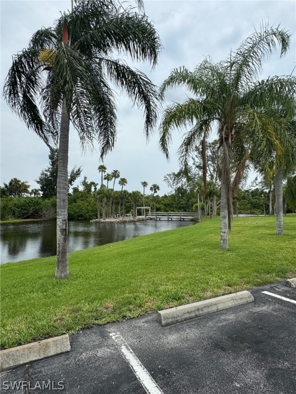 exterior space with a lawn and a water view