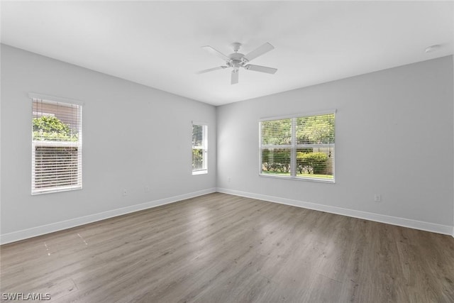 empty room with a wealth of natural light, ceiling fan, and light hardwood / wood-style flooring