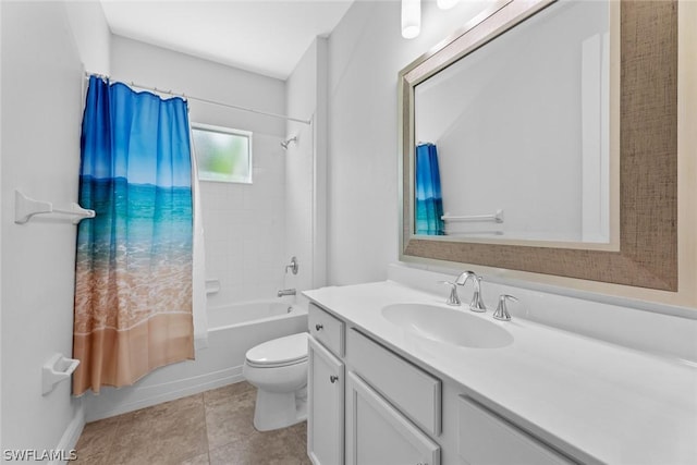 full bathroom featuring toilet, vanity, and shower / bathtub combination with curtain