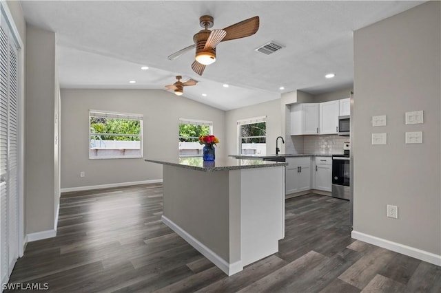 kitchen with visible vents, white cabinets, dark wood-style flooring, stainless steel appliances, and backsplash