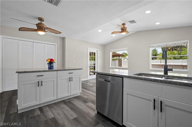 kitchen with a ceiling fan, visible vents, a sink, and stainless steel dishwasher