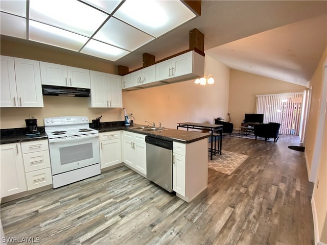 kitchen with dishwasher, kitchen peninsula, white electric range oven, and wood-type flooring