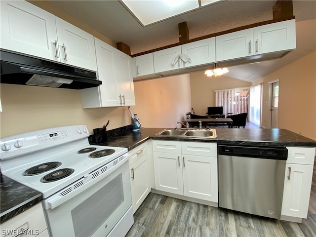 kitchen featuring light hardwood / wood-style flooring, white cabinets, electric stove, sink, and dishwasher