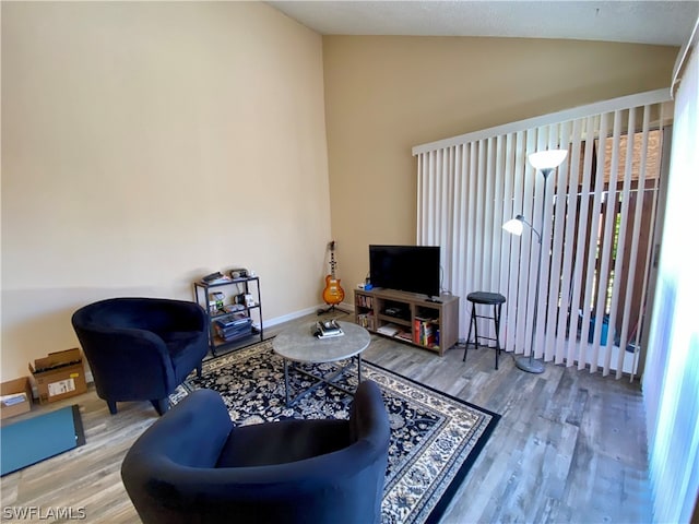 living room featuring lofted ceiling and wood-type flooring