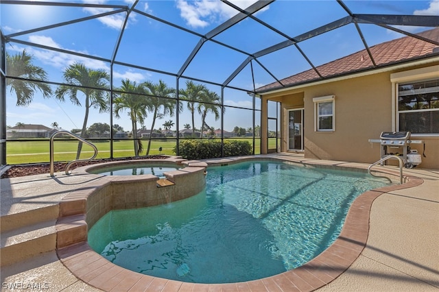 view of swimming pool with glass enclosure, a grill, and an in ground hot tub